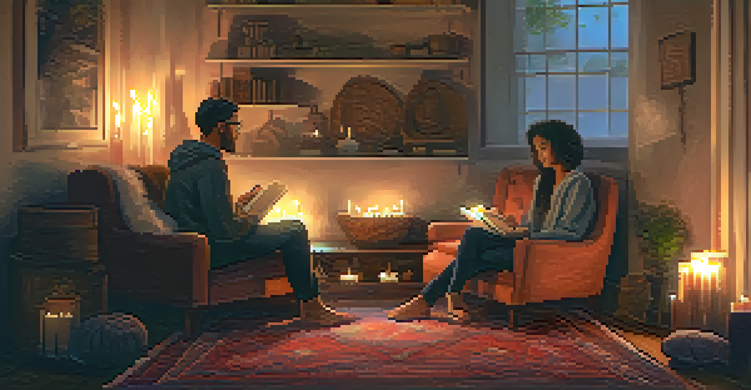 A cozy indoor scene with a couple sitting on a rug, surrounded by cushions and candles, having a heartfelt conversation.