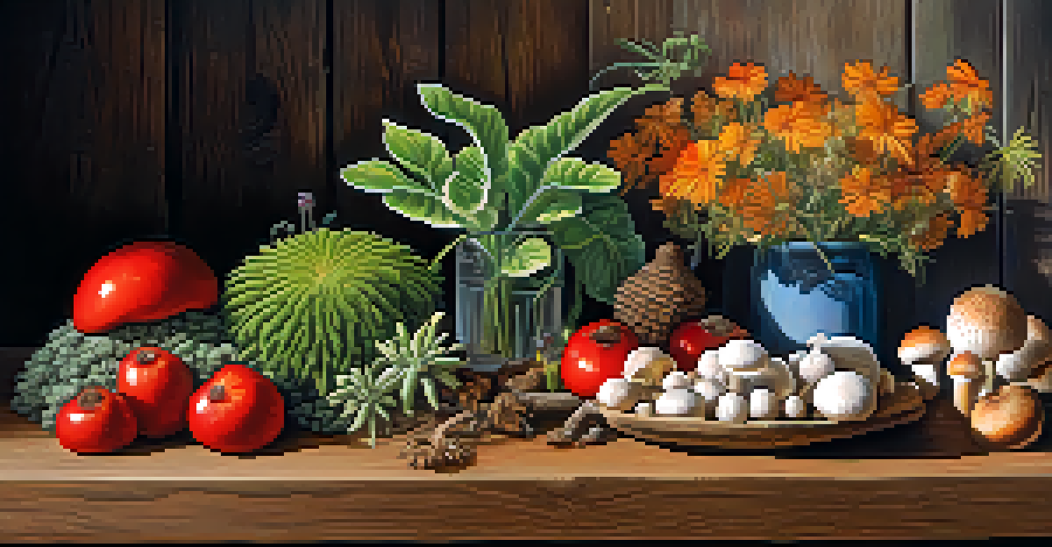 A close-up of colorful entheogenic plants and mushrooms arranged on a rustic wooden table, highlighting their textures and colors.
