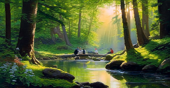 A peaceful forest scene featuring individuals in a circle discussing, with sunlight filtering through trees and a stream in the foreground.