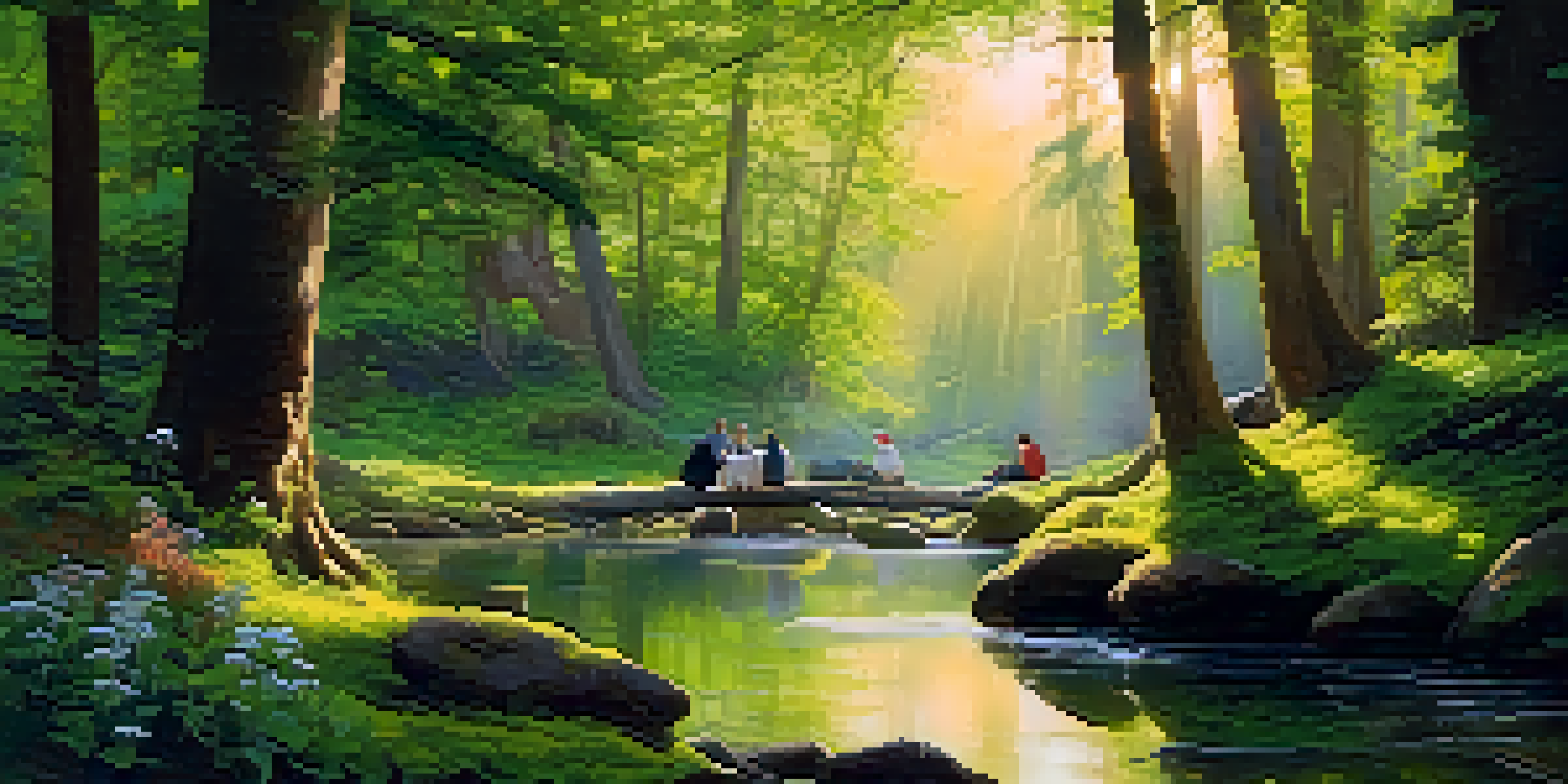 A peaceful forest scene featuring individuals in a circle discussing, with sunlight filtering through trees and a stream in the foreground.