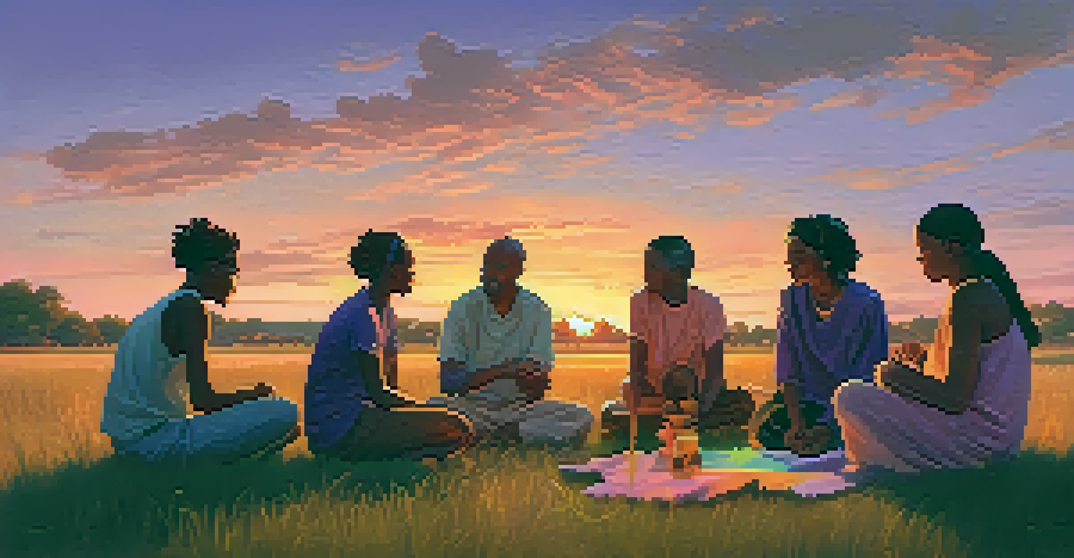 A diverse group sitting in a circle on grass during sunset, sharing a ceremonial object with warm light illuminating their faces.