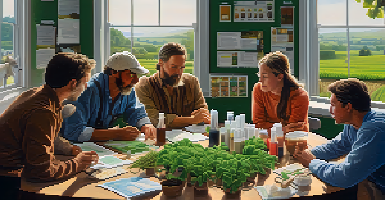 Farmers participating in an educational workshop about the benefits of entheogens in agriculture, surrounded by research materials and natural light.