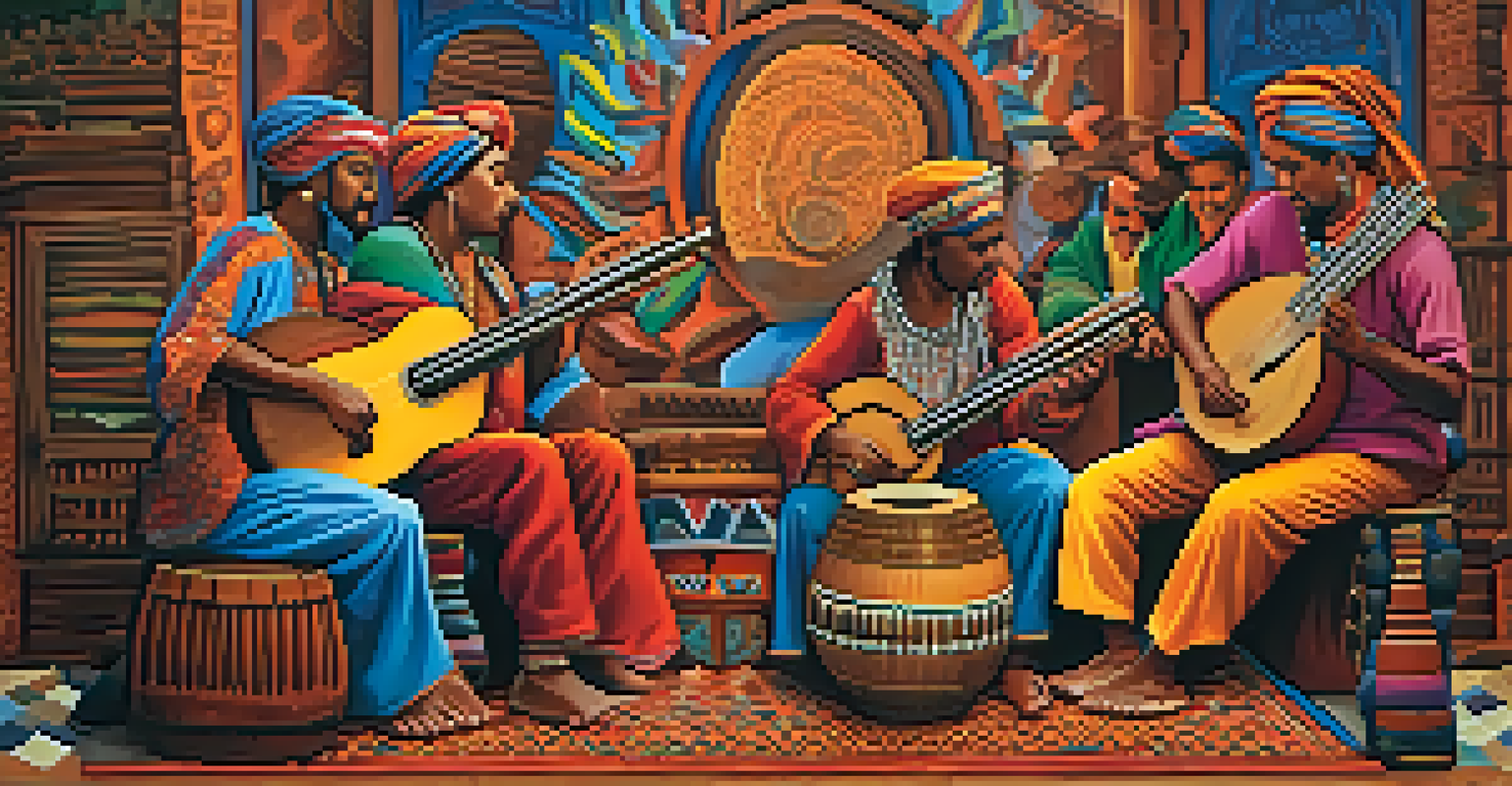 Musicians from various cultures playing traditional instruments together, surrounded by colorful abstract patterns representing cultural fusion.