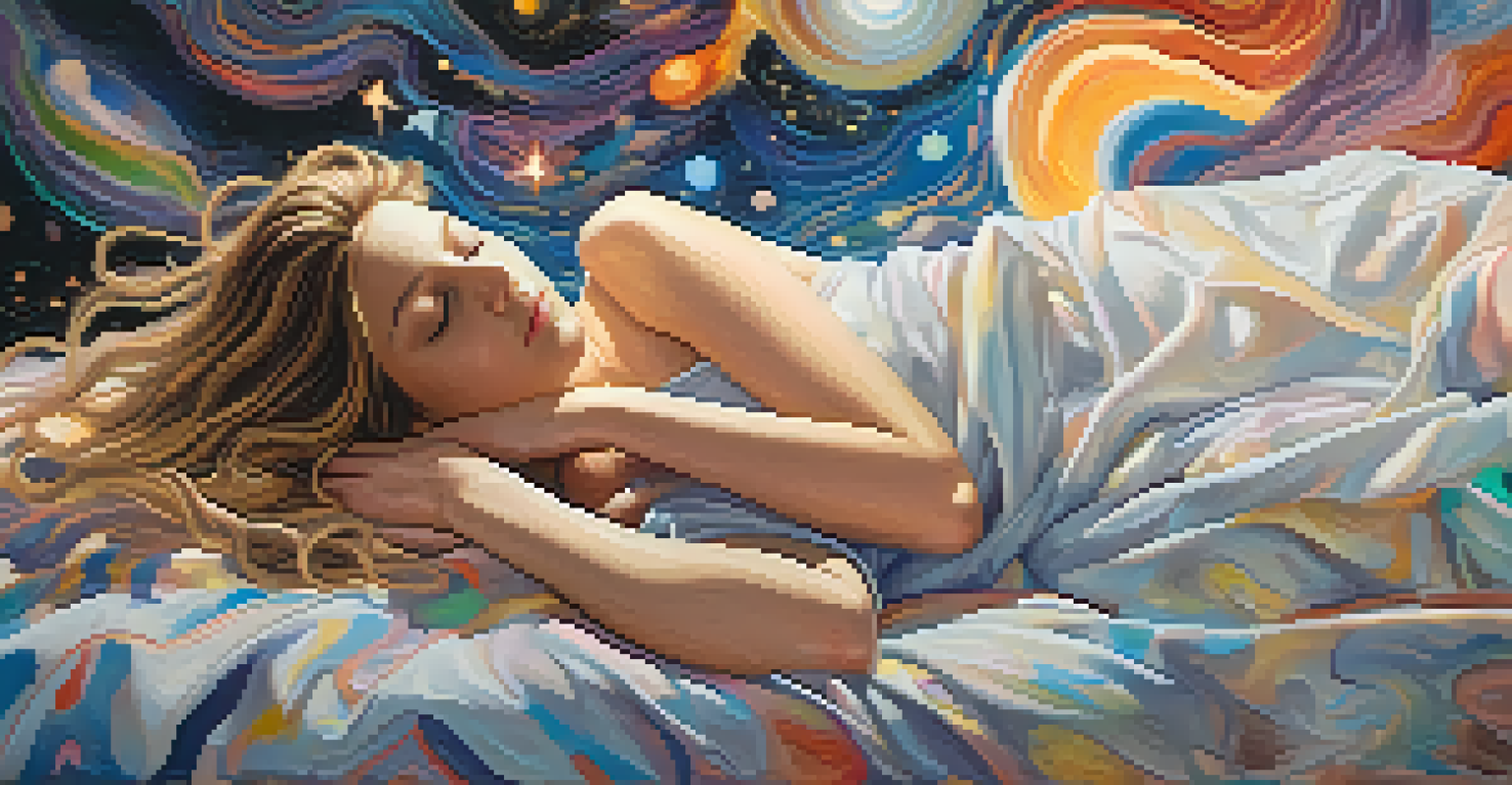 An abstract image of a person resting in bed, surrounded by swirling colors and dream-like symbols such as stars and clouds.