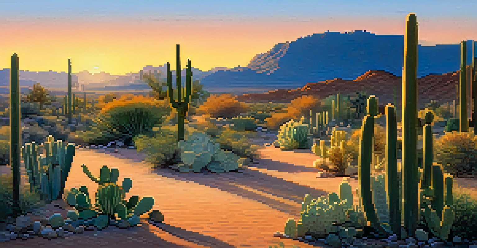 A tranquil desert landscape at dawn with scattered Peyote cacti and a colorful sky.