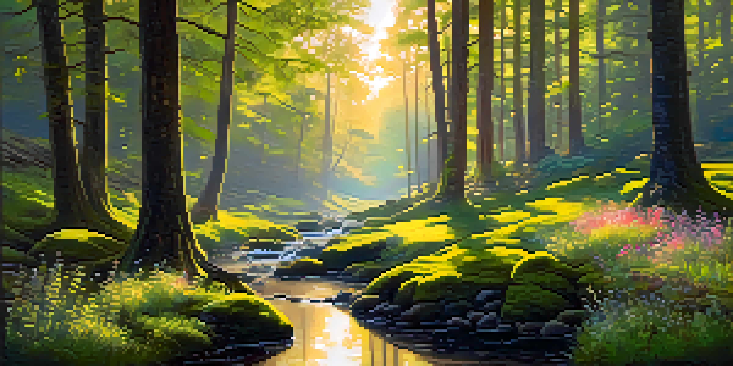 A peaceful forest at dawn with sunlight filtering through trees, a small stream, and colorful wildflowers in the foreground.