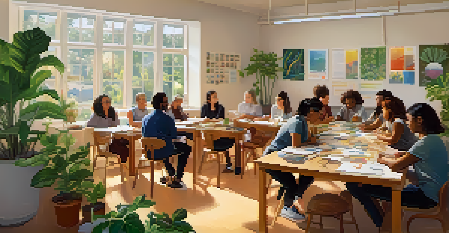 A classroom filled with a diverse group of people attending a workshop on entheogens, with educational materials and plants around them, bathed in warm light.