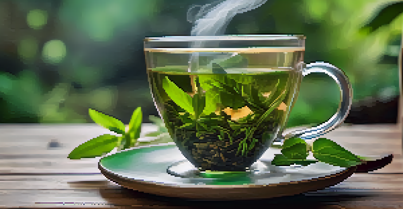 A steaming cup of herbal tea on a rustic wooden table surrounded by stones and green leaves in a blurred background.