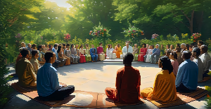 A diverse group of people in a circle engaged in a communal ceremony outdoors, surrounded by greenery and sunlight.