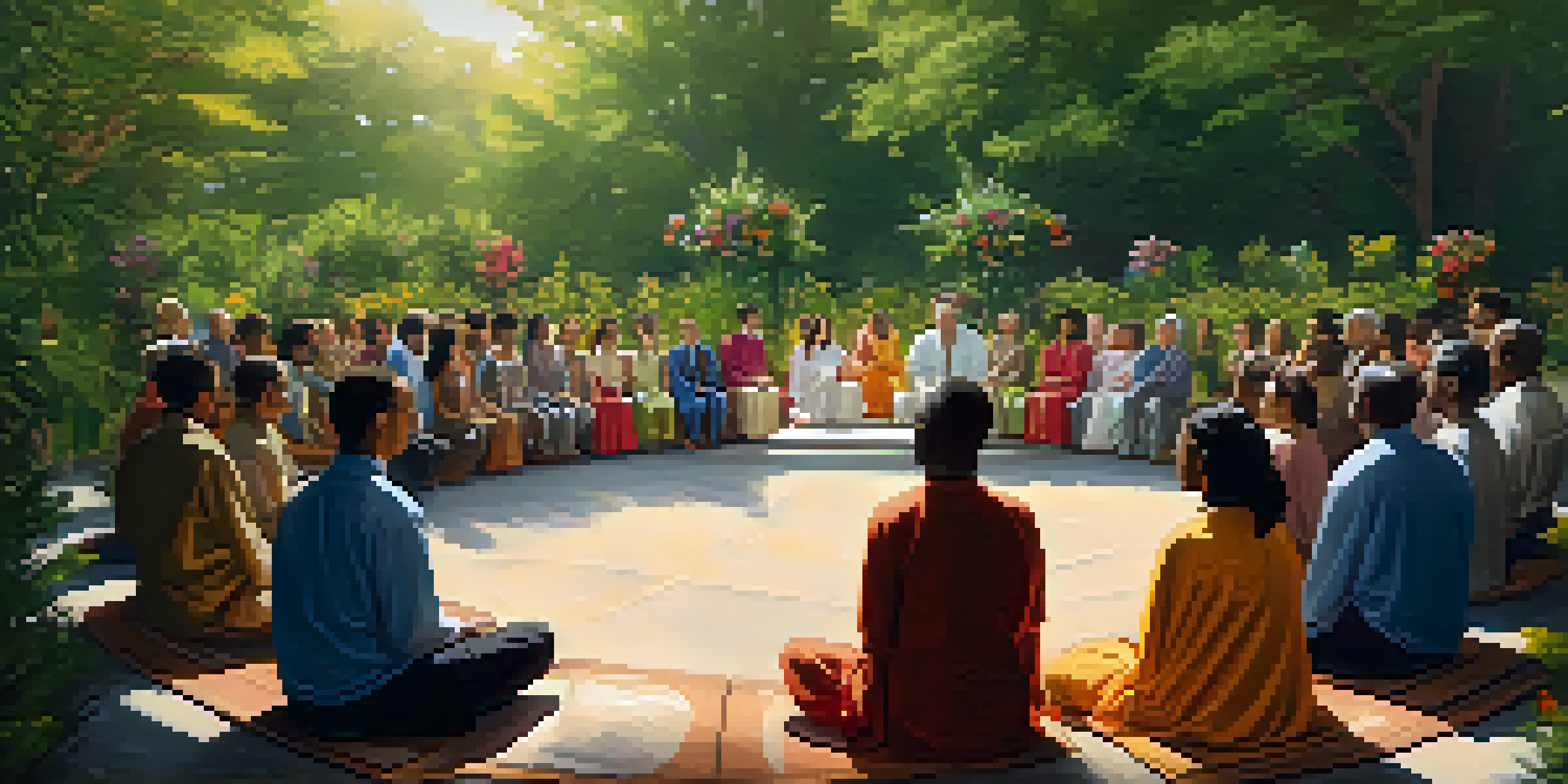 A diverse group of people in a circle engaged in a communal ceremony outdoors, surrounded by greenery and sunlight.