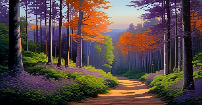 A tranquil forest scene at twilight with colorful skies and a path through the trees, bathed in soft light.