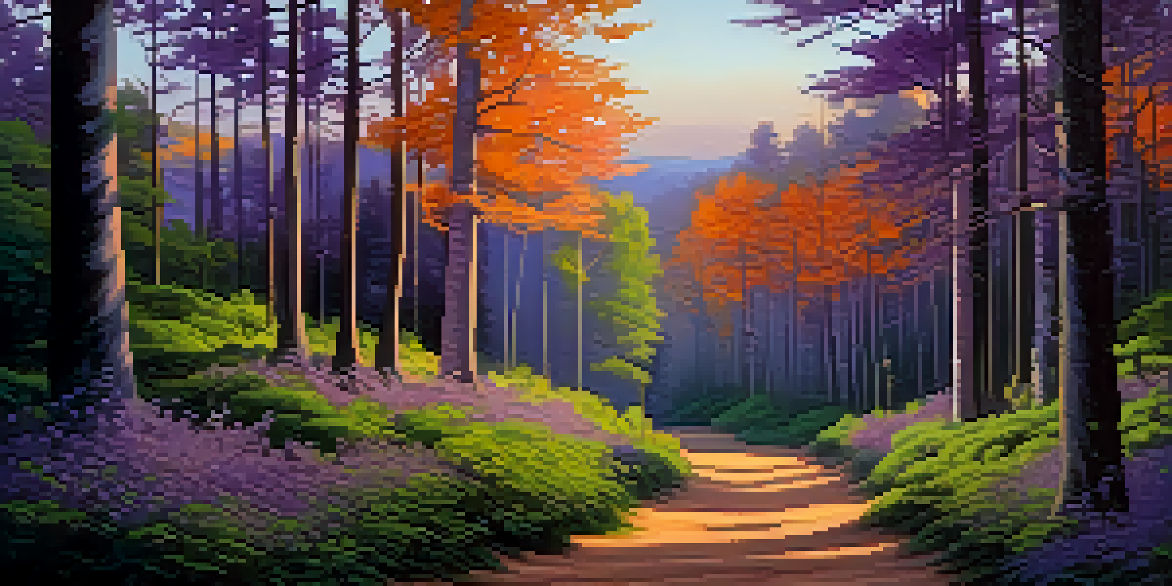 A tranquil forest scene at twilight with colorful skies and a path through the trees, bathed in soft light.
