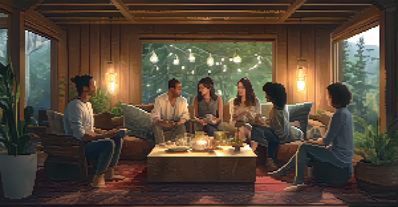 People sharing stories in a cozy indoor space, surrounded by natural elements and warm lighting.
