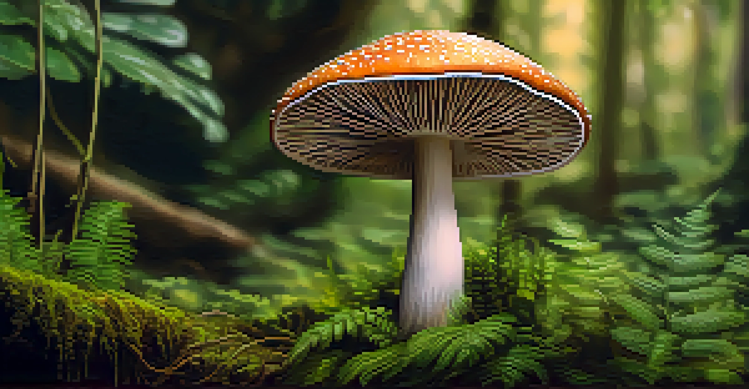 A detailed close-up of a psilocybin mushroom amidst green foliage in a forest, highlighting its texture and colors.