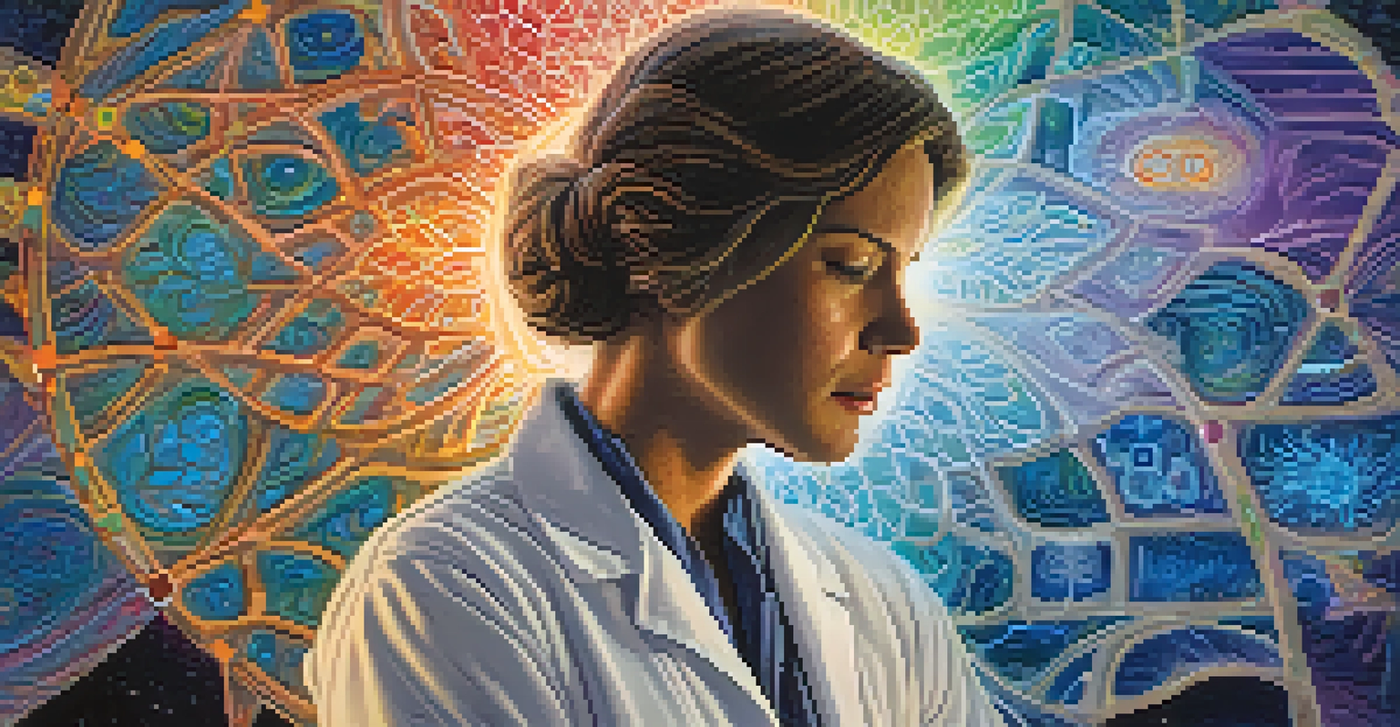 A split image showing a scientist analyzing brain scans on one side and a meditative figure under a starry sky on the other, illustrating the intersection of science and spirituality.