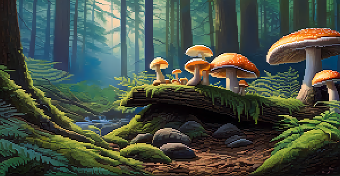 A peaceful forest with colorful psilocybin mushrooms on a mossy log, sunlight shining through the trees.