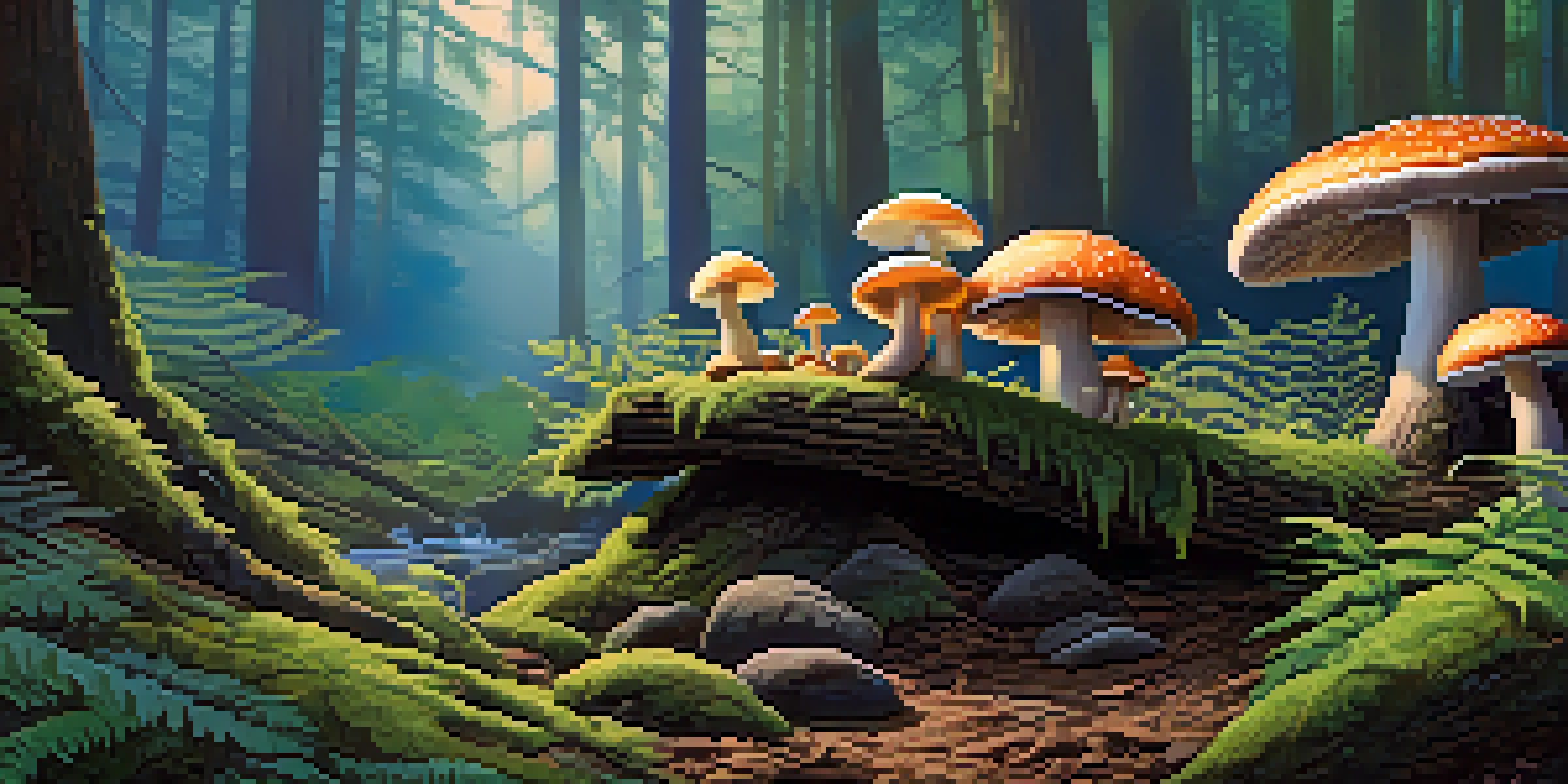 A peaceful forest with colorful psilocybin mushrooms on a mossy log, sunlight shining through the trees.