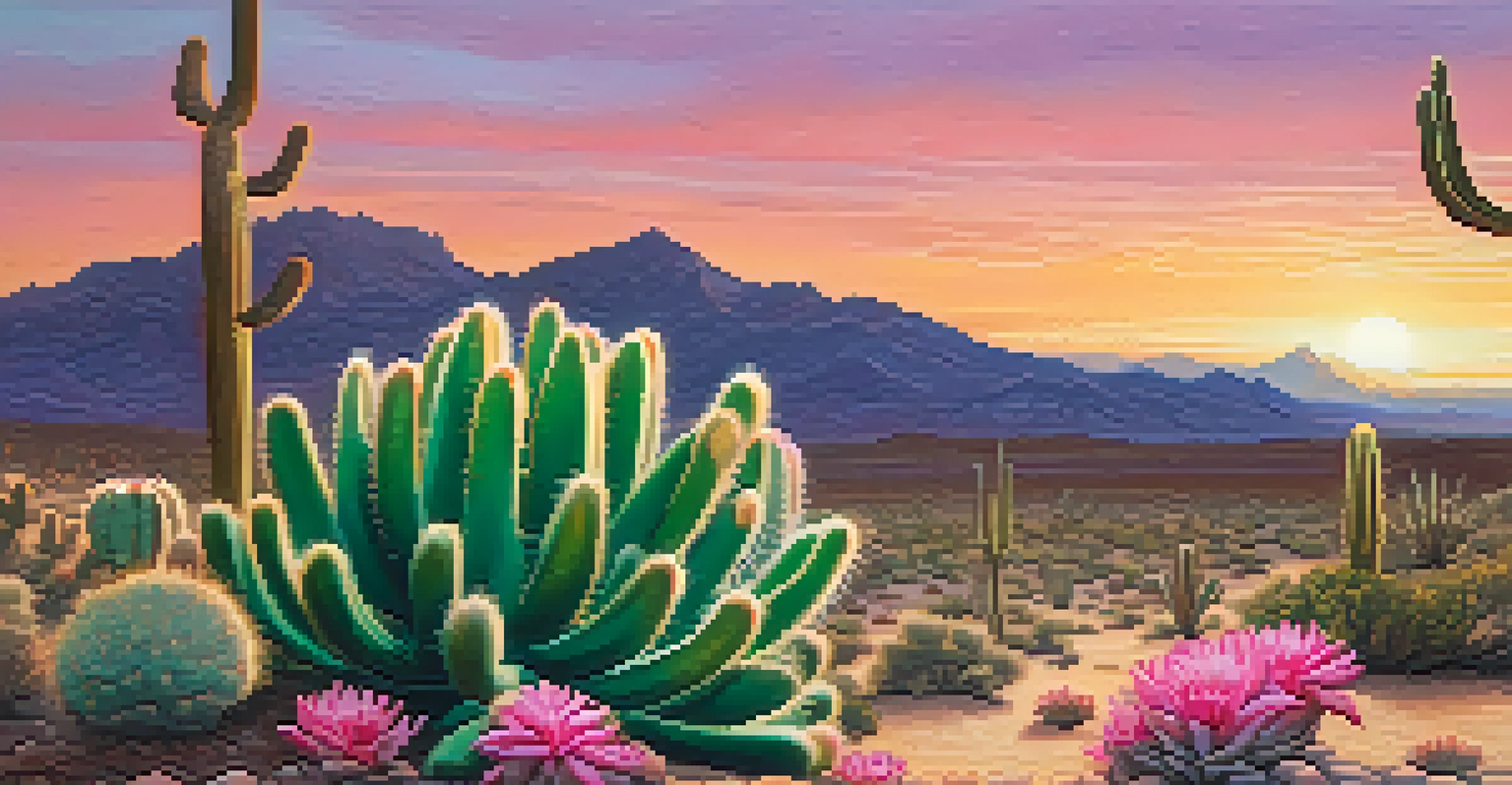 A close-up view of a peyote cactus with pink flowers, set against a warm sunset in a desert landscape, emphasizing its cultural importance.