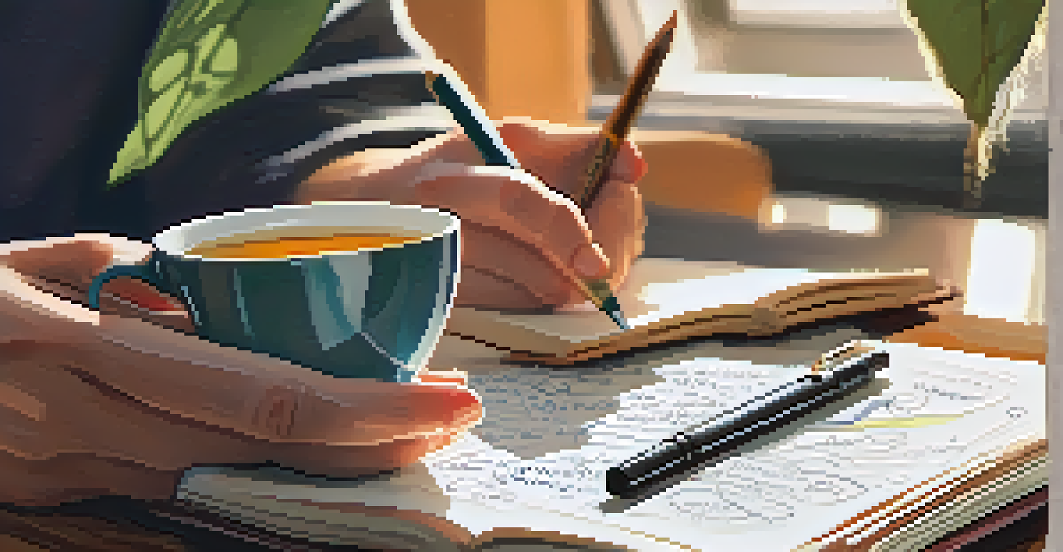Close-up of hands journaling in a cozy space with plants and a cup of tea, symbolizing introspection and emotional insights.