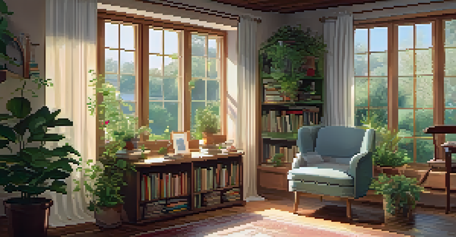 A cozy room filled with plants and natural light, featuring an armchair, a wooden table with tea, and a view of a vibrant garden outside.