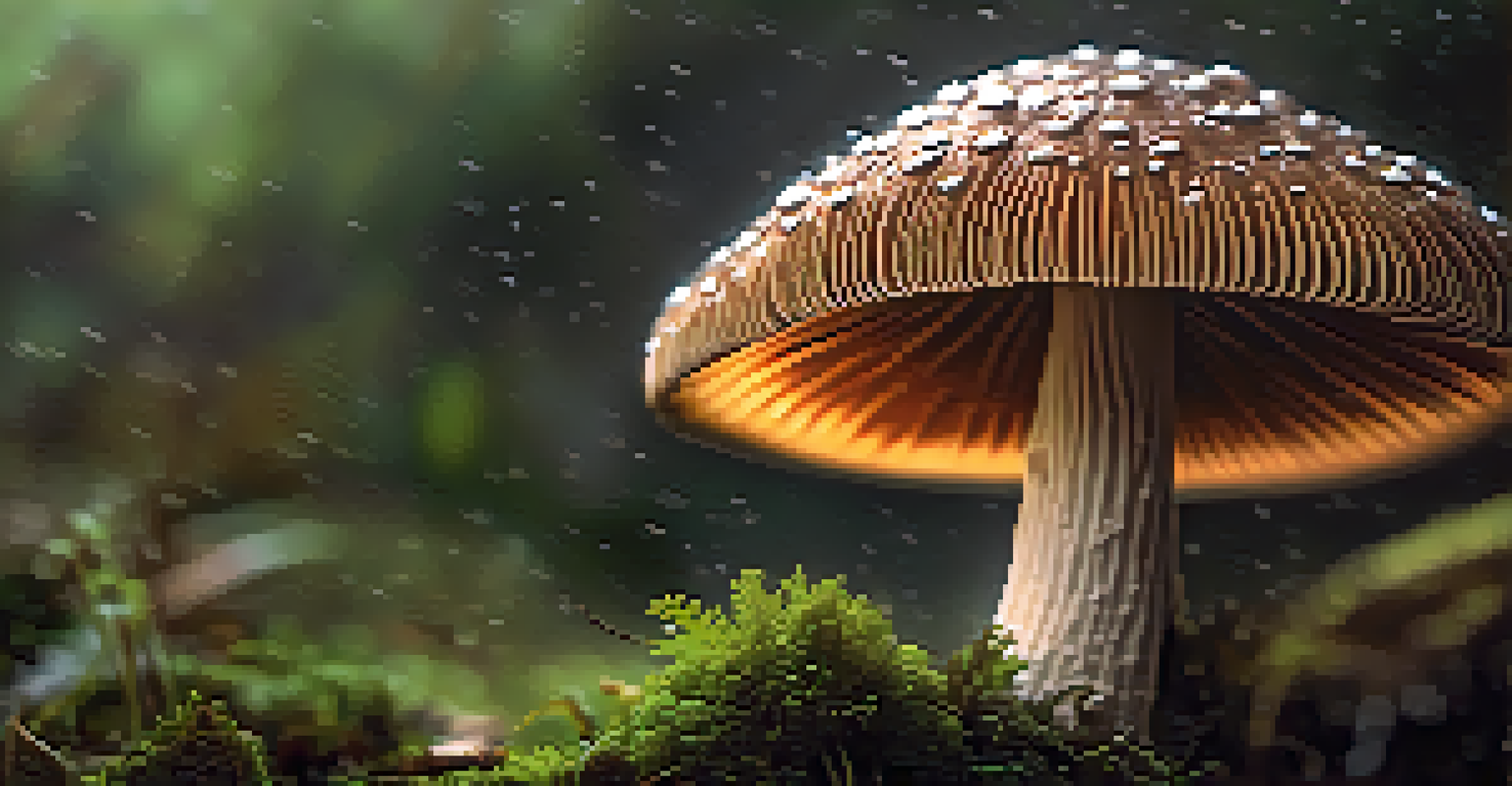 Close-up of a psilocybin mushroom in a natural setting.