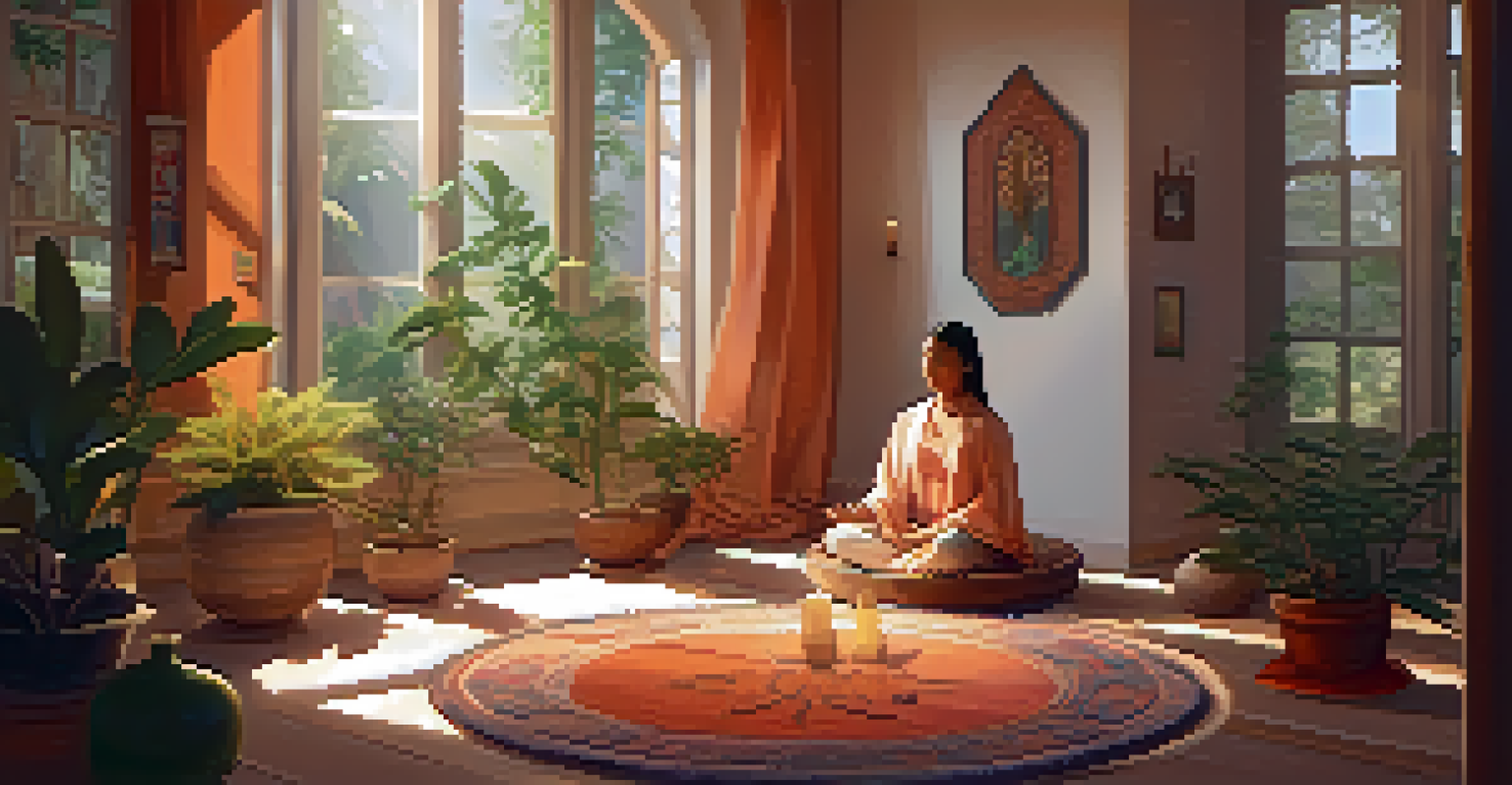 A cozy meditation room with cushions, an altar, and natural light. A person sits in meditation surrounded by plants.