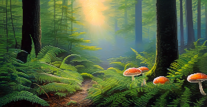 A peaceful forest at dawn with sunlight filtering through leaves and colorful mushrooms in a clearing.