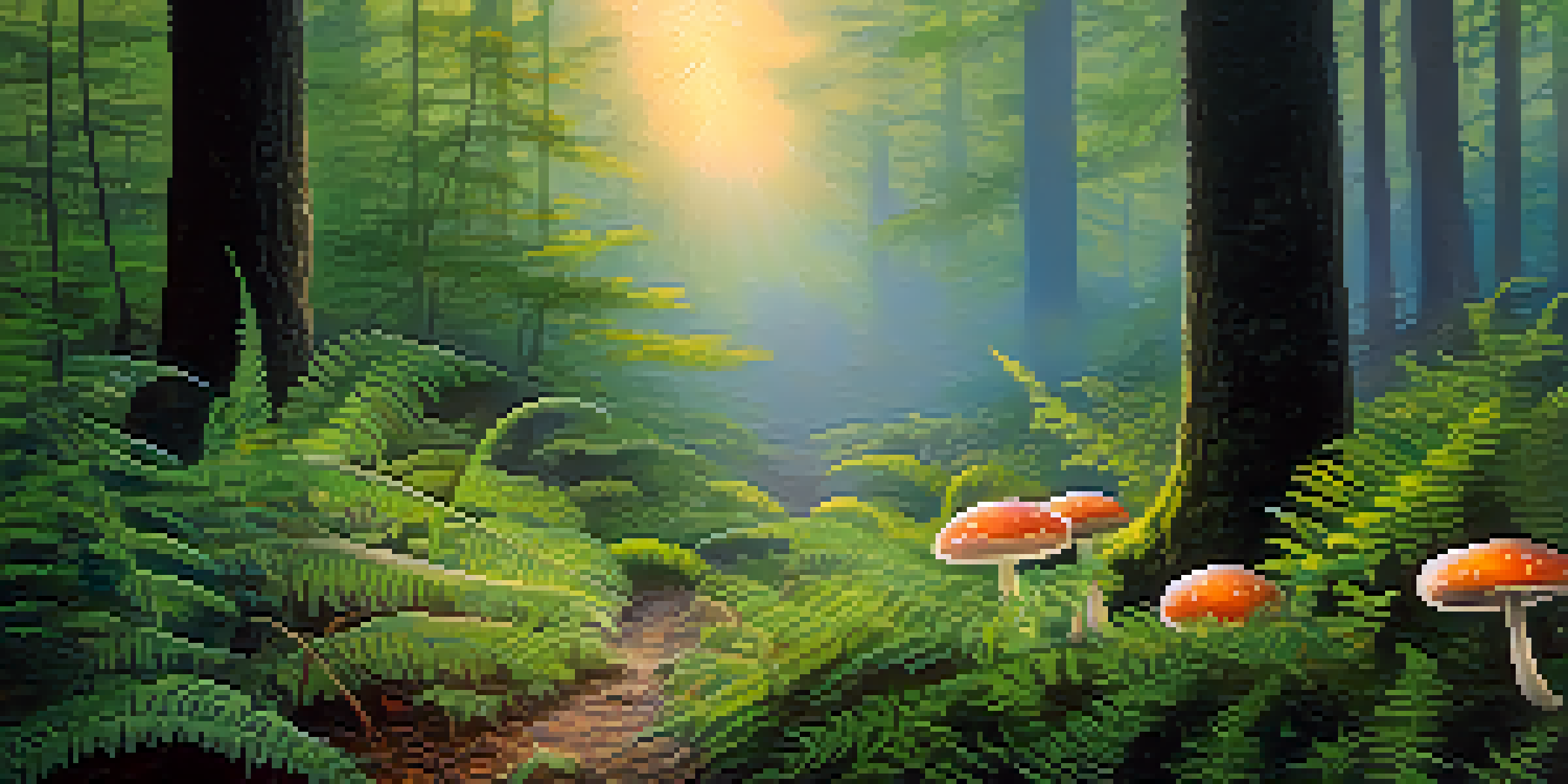A peaceful forest at dawn with sunlight filtering through leaves and colorful mushrooms in a clearing.