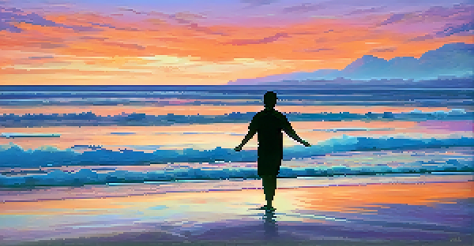 A person standing on a beach at sunset with arms outstretched, surrounded by vibrant colors in the sky and gentle waves.