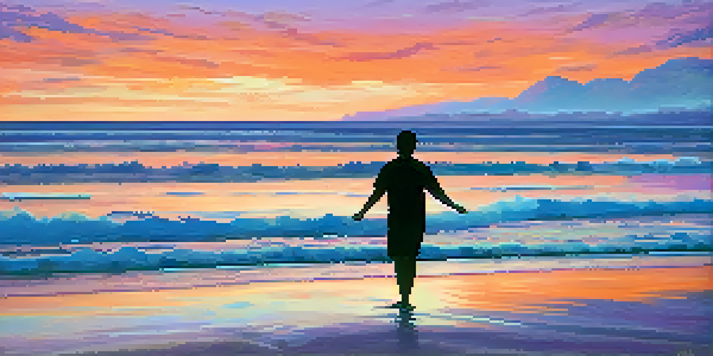 A person standing on a beach at sunset with arms outstretched, surrounded by vibrant colors in the sky and gentle waves.