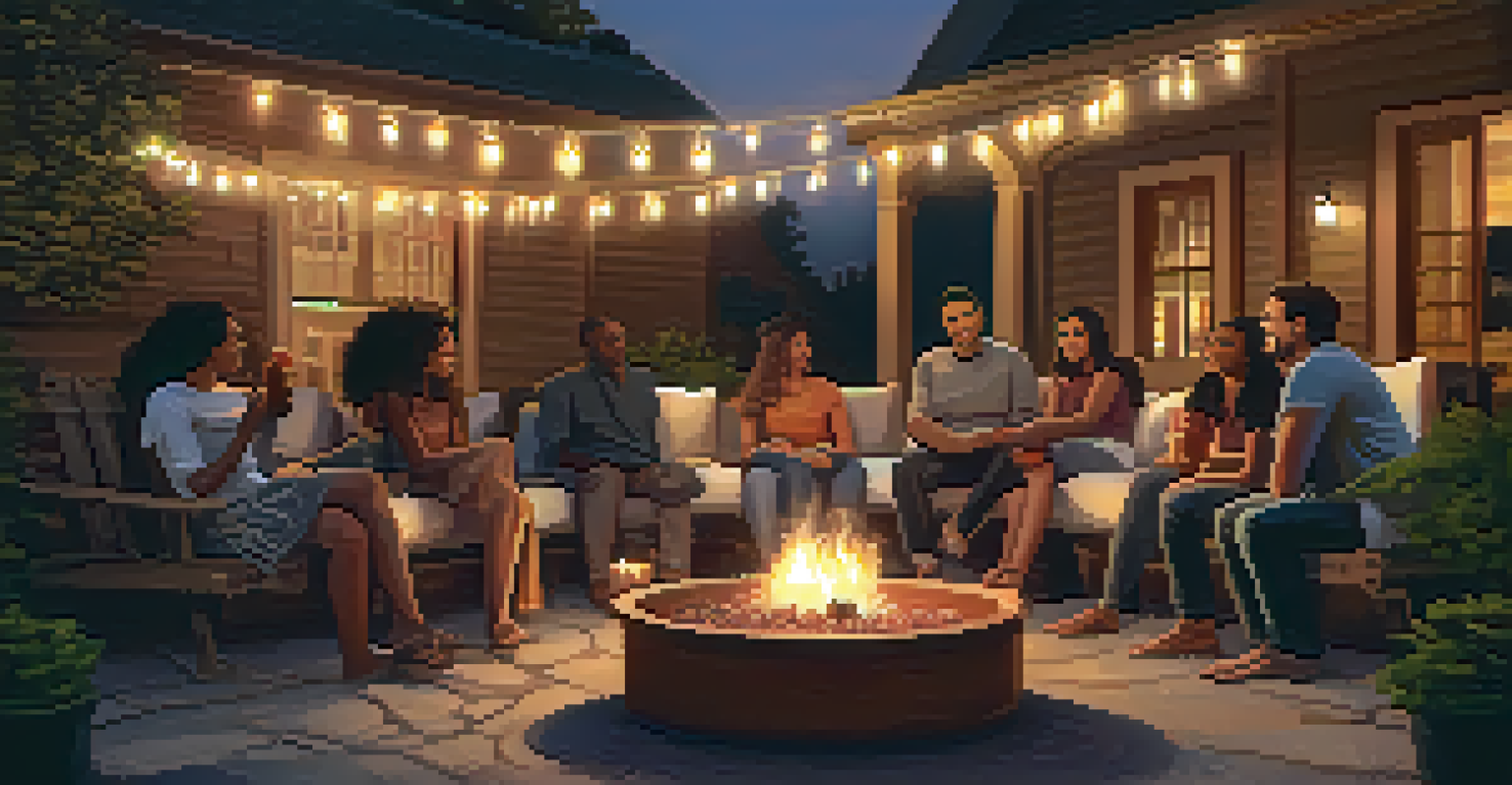 A warm gathering space with cushions and candles, showing diverse individuals sharing stories around a fire pit.