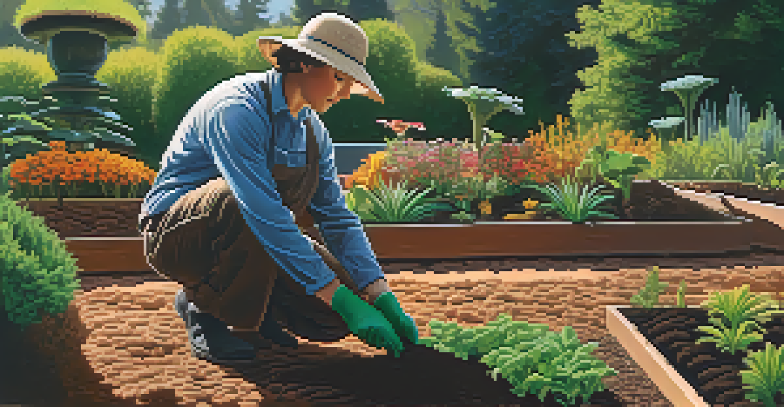 A gardener applying organic fertilizers to entheogenic plants in a sunlit outdoor setting.