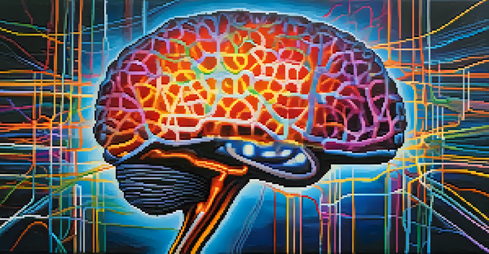 An abstract image of a brain with bright colors and glowing connections.
