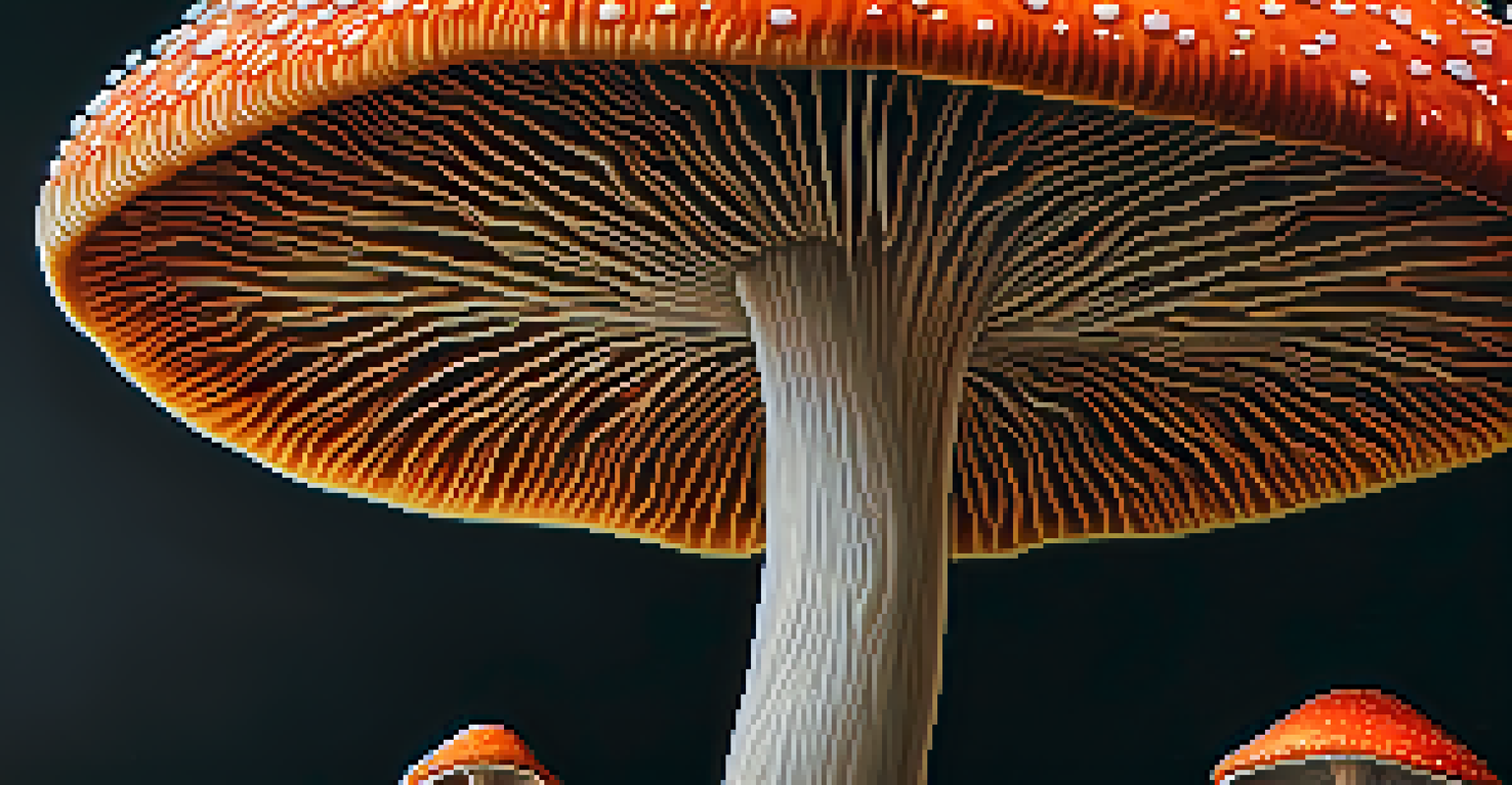 A detailed close-up of a psilocybin mushroom with vibrant colors, set against a dark background.