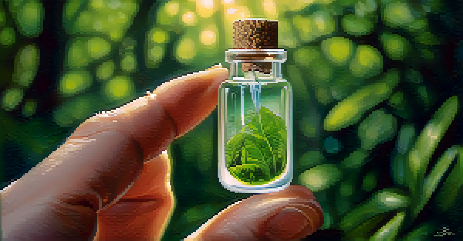 A hand holding a vial of natural substance against a green background, with sunlight reflecting off the vial.