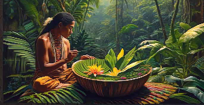 A peaceful Amazon rainforest with a healer preparing ayahuasca, surrounded by colorful plants and soft morning light.
