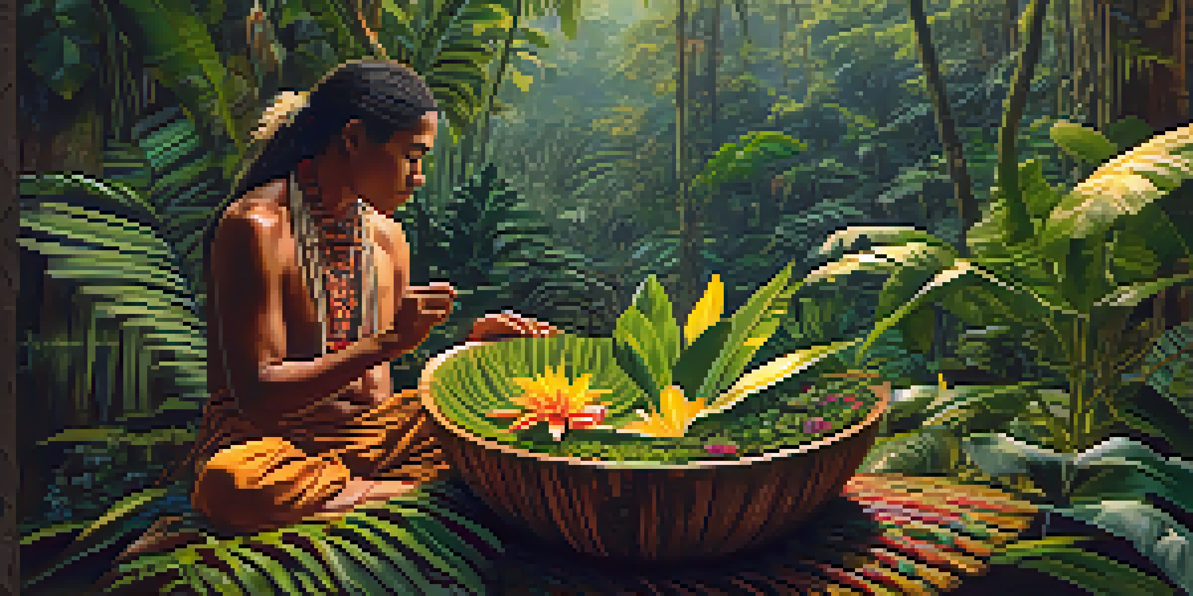 A peaceful Amazon rainforest with a healer preparing ayahuasca, surrounded by colorful plants and soft morning light.