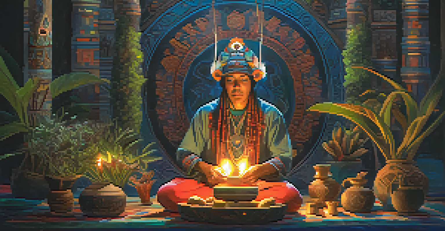 An ancient shaman performing a ritual with colorful plants and glowing candles in a dimly lit setting.