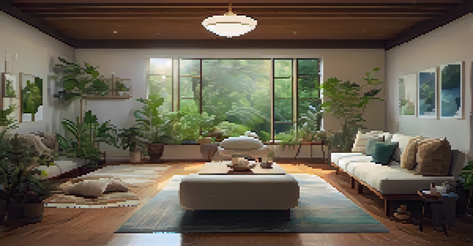 A cozy room designed for a guided experience, featuring soft lighting, cushions, and a facilitator guiding participants.