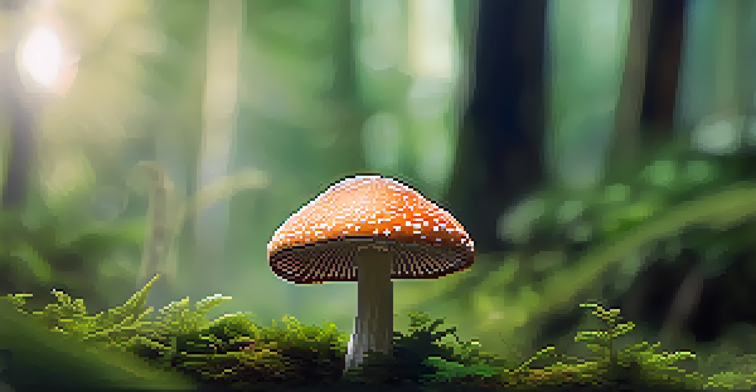 A detailed close-up of a psilocybin mushroom in a lush green setting, showcasing its textures and colors.
