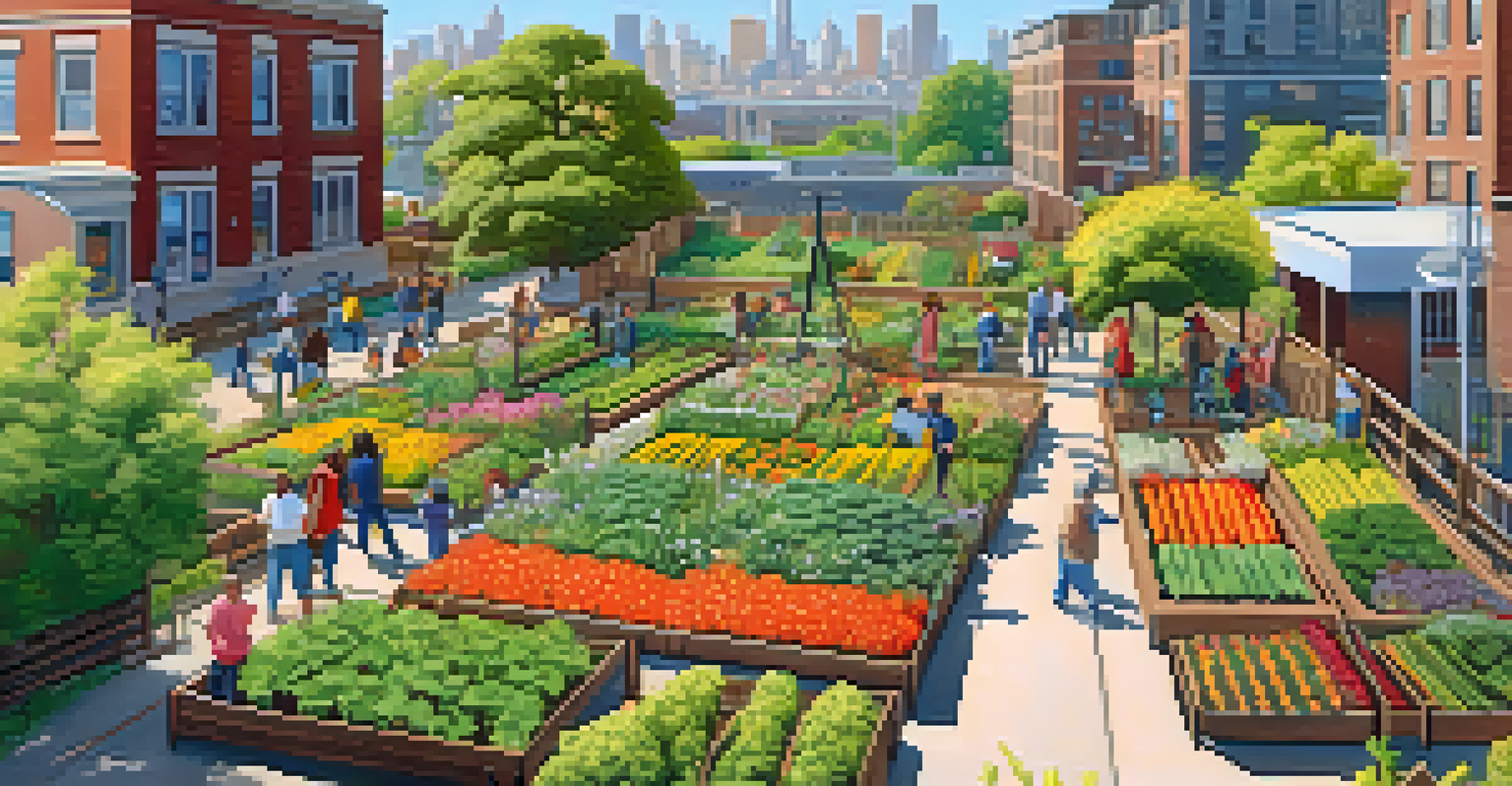 A vibrant community garden with people planting and harvesting vegetables and flowers, set against a backdrop of city buildings.