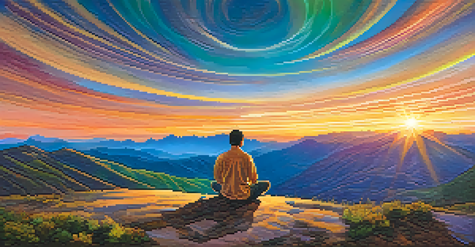 A person meditating on a mountain peak at sunset, surrounded by swirling colors representing an inner journey, with a valley below.