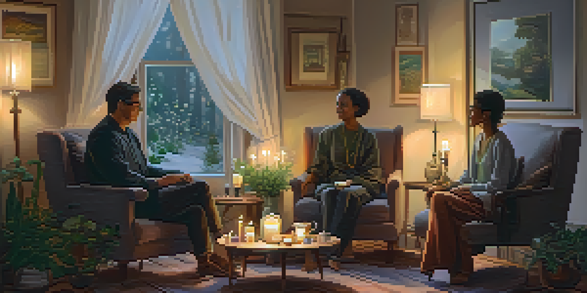 A warm and inviting therapy room with a therapist and client talking, surrounded by calming decor.