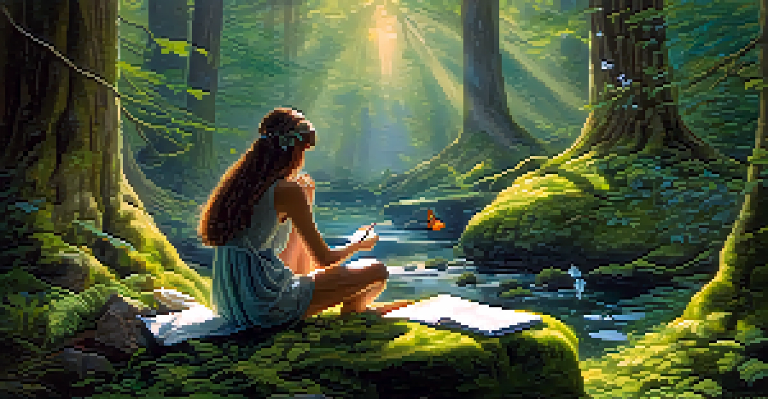 An artist sketching in a magical forest filled with soft sunlight and floating leaves.