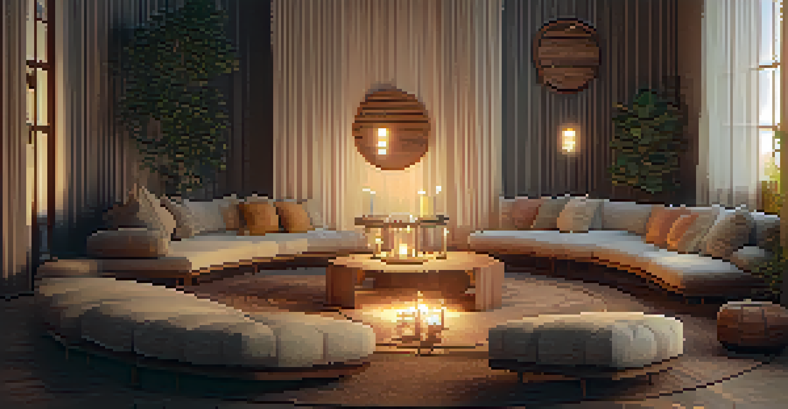 A cozy indoor space arranged in a circle with cushions, low tables, and flickering candles, creating a warm and peaceful atmosphere.