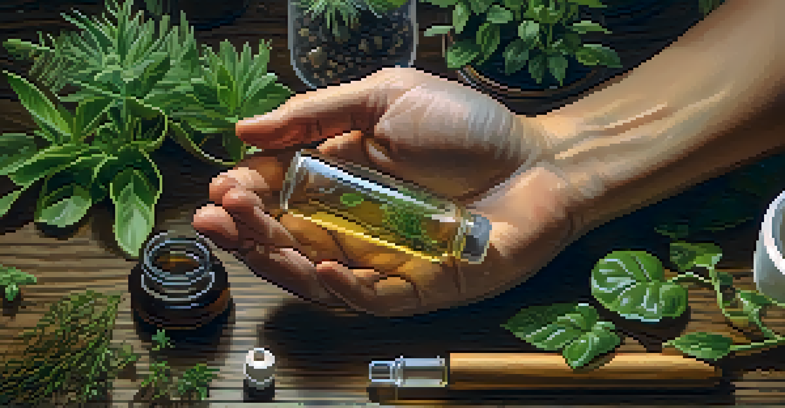 A close-up image of a hand holding a vial of liquid entheogen, surrounded by herbs and plants on a wooden table, with warm lighting highlighting the textures.
