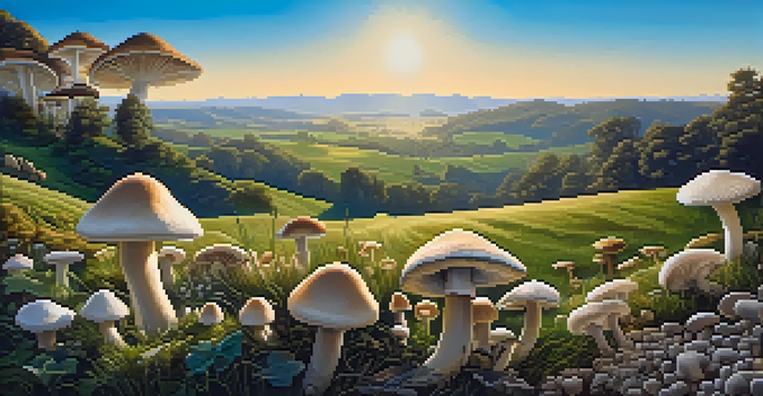 A peaceful landscape with green fields of psilocybin mushrooms bathed in golden sunlight, surrounded by rolling hills under a blue sky.