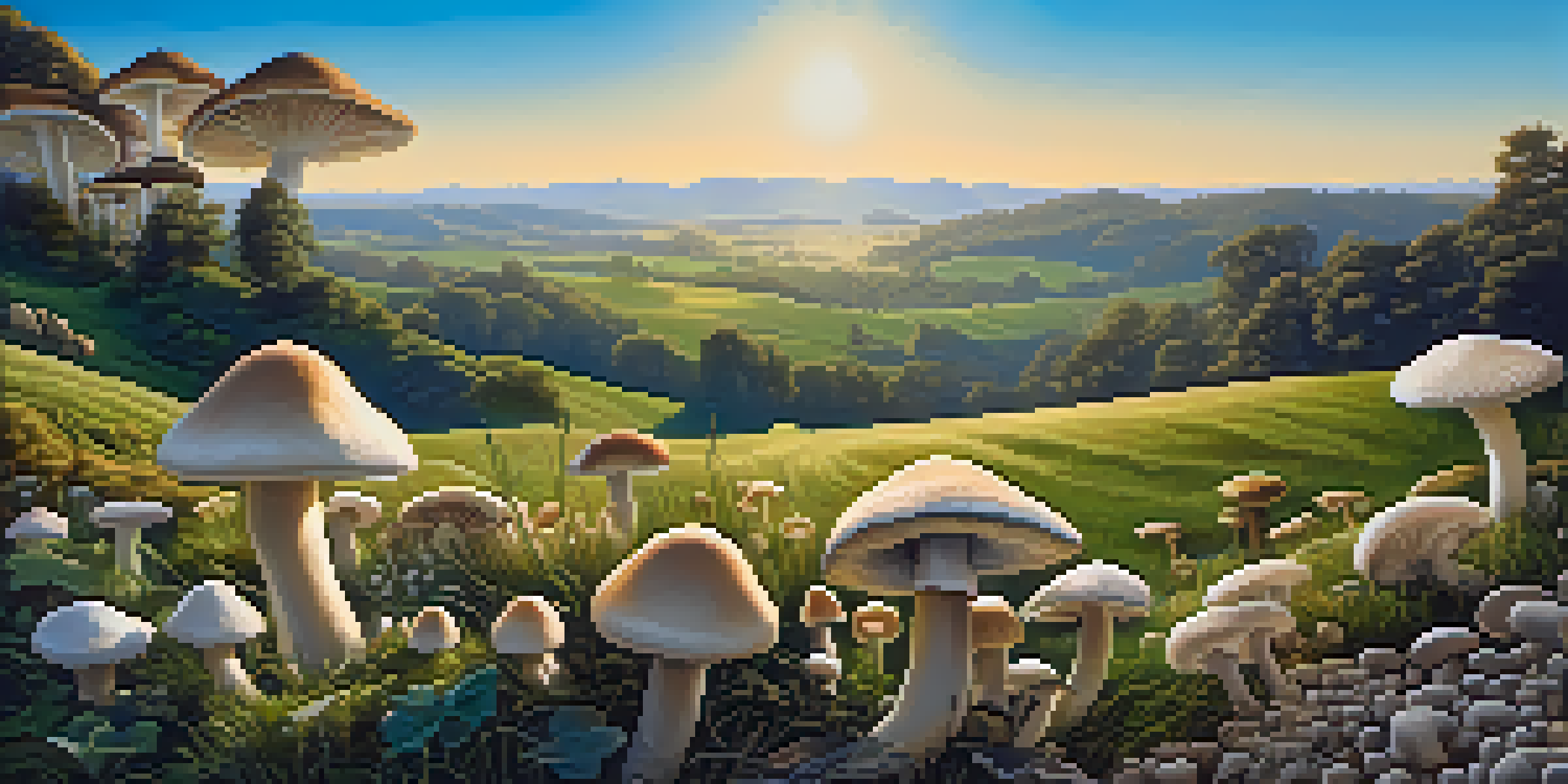A peaceful landscape with green fields of psilocybin mushrooms bathed in golden sunlight, surrounded by rolling hills under a blue sky.