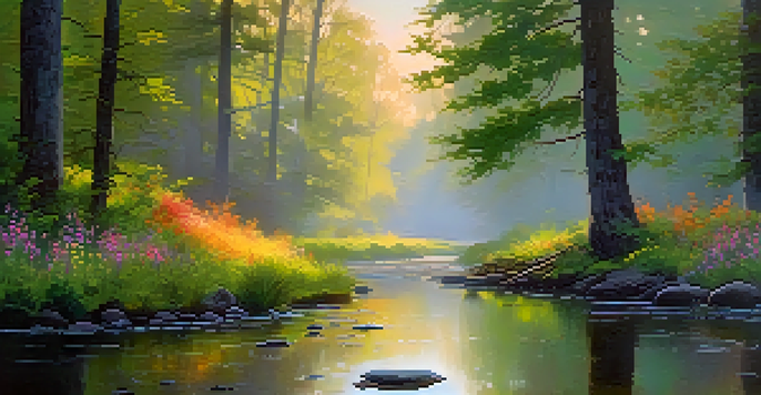 A tranquil forest with mist and morning sunlight, featuring a stream and colorful wildflowers.