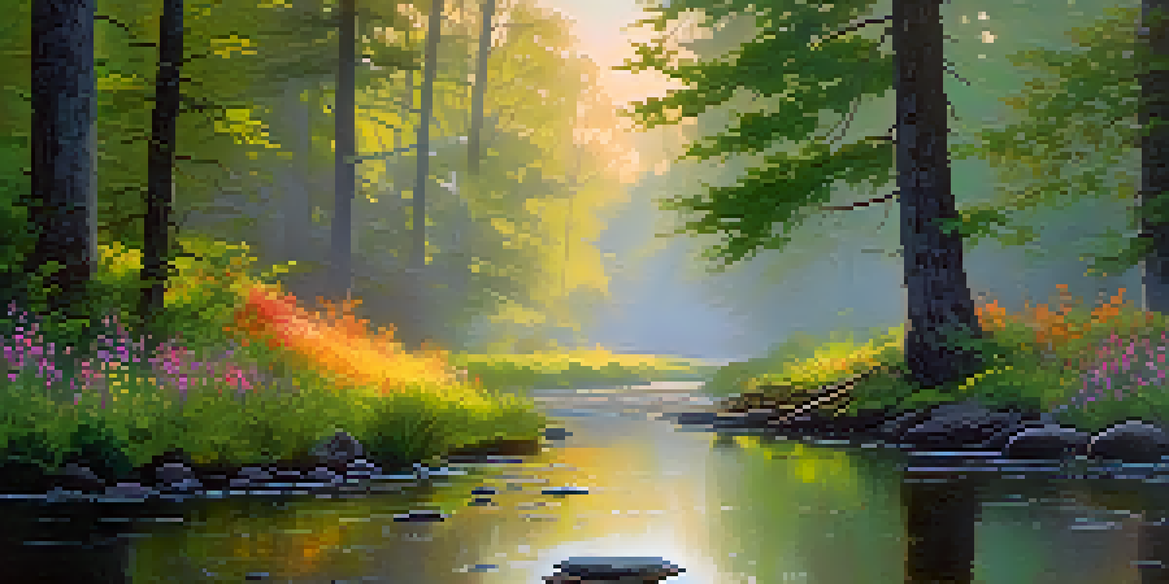 A tranquil forest with mist and morning sunlight, featuring a stream and colorful wildflowers.